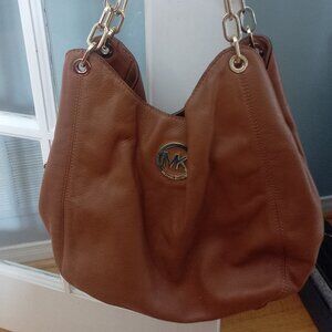 Michael Kors Fulton Brown Pebble Leather Gold Chain Strap Bag
